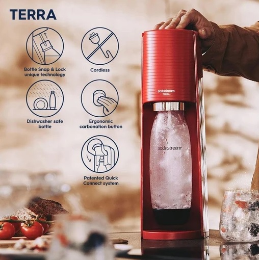 Výrobník perlivej vody Sodastream Terra RED+ fľaša SodaStream Fuse 1 l + bombička 2